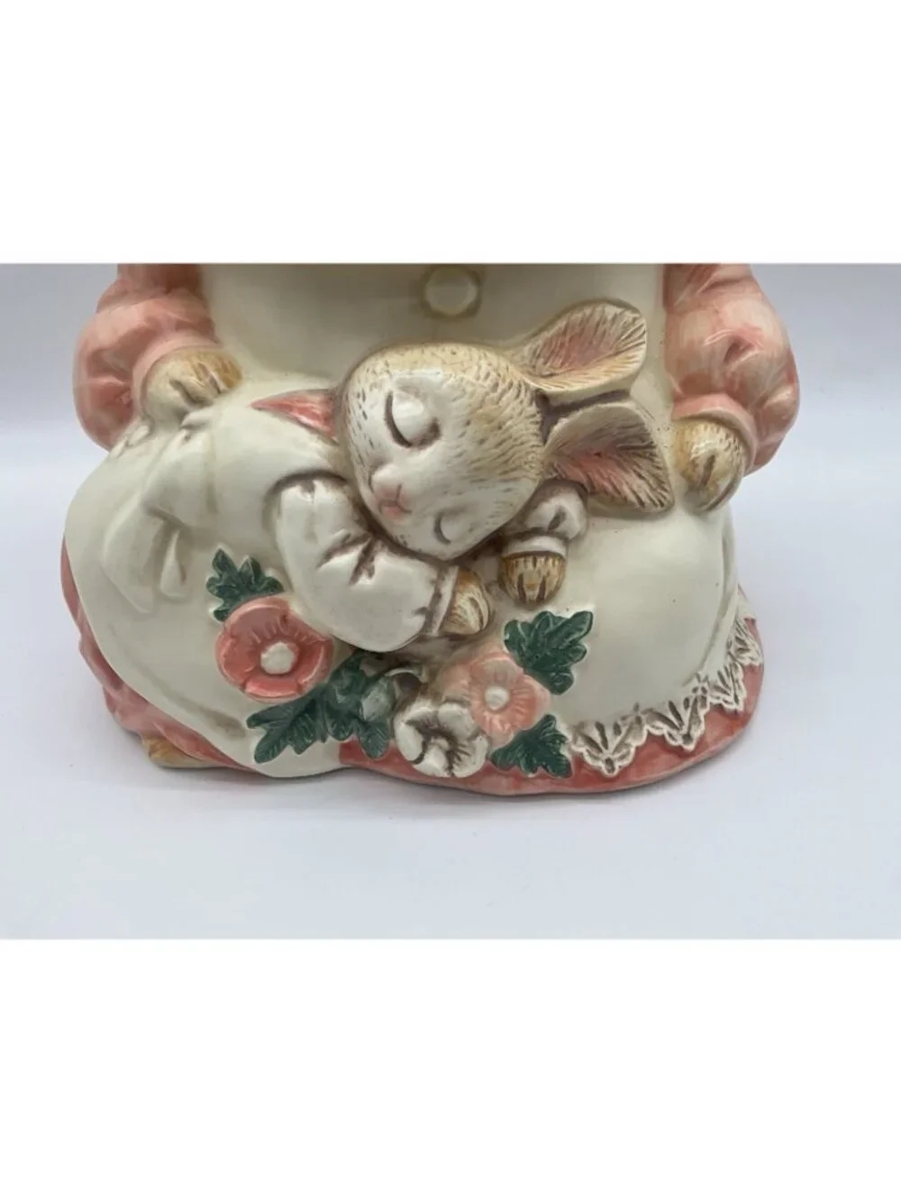 Mother Rabbit Vintage 1980s Ceramic Cookie Jar Made in Japan Pink and White